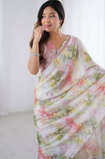 off white sky blue chinon silk blend print work with mirror work border designer saree