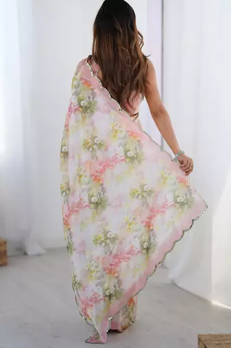 off white sky blue chinon silk blend print work with mirror work border designer saree