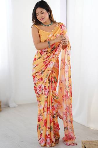 yellow  silk blend print work with mirror work border designer saree
