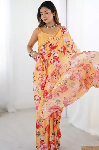 yellow silk blend print work with mirror work border designer saree
