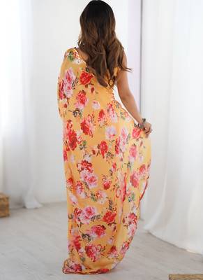 yellow silk blend print work with mirror work border designer saree 3
