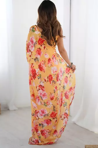 yellow silk blend print work with mirror work border designer saree