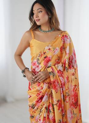 yellow silk blend print work with mirror work border designer saree 4