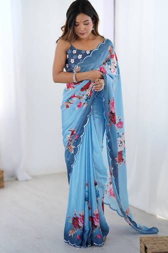 sky blue chinon silk blend print work with mirror work border designer saree