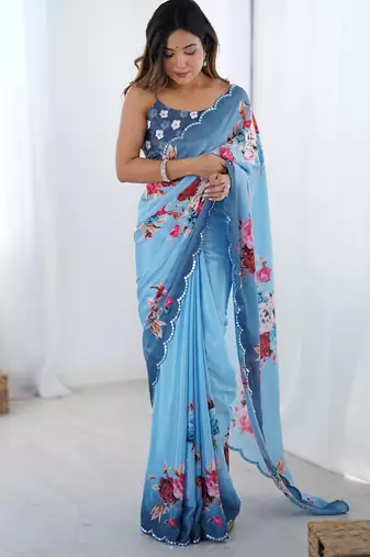 sky blue chinon silk blend print work with mirror work border designer saree