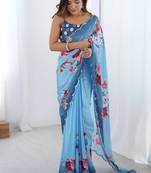 sky blue chinon silk blend print work with mirror work border designer saree