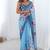 sky blue chinon silk blend print work with mirror work border designer saree