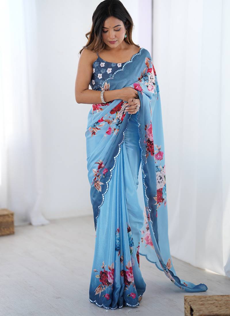 sky blue chinon silk blend print work with mirror work border designer saree