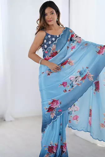 sky blue chinon silk blend print work with mirror work border designer saree