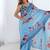 sky blue chinon silk blend print work with mirror work border designer saree