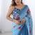 sky blue chinon silk blend print work with mirror work border designer saree
