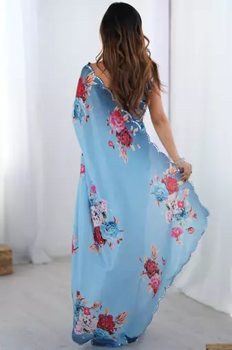 sky blue chinon silk blend print work with mirror work border designer saree