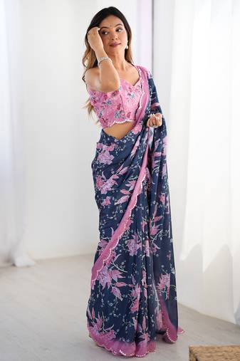 blue chinon silk blend print work with mirror work border designer saree