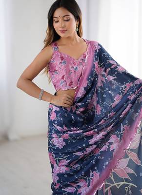 blue chinon silk blend print work with mirror work border designer saree 2