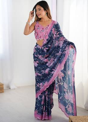 blue chinon silk blend print work with mirror work border designer saree 3