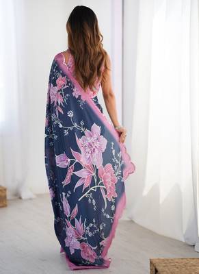 blue chinon silk blend print work with mirror work border designer saree 4