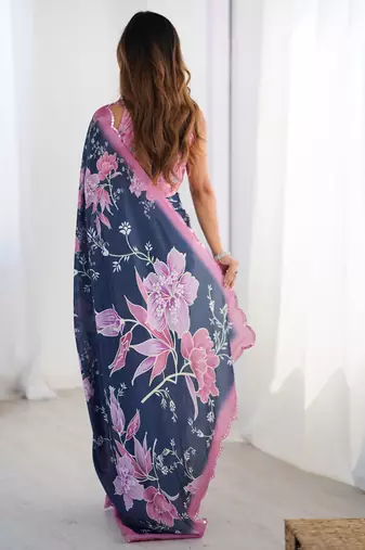 blue chinon silk blend print work with mirror work border designer saree