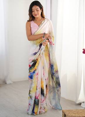off white sky blue chinon silk blend print work with mirror work border designer saree 1