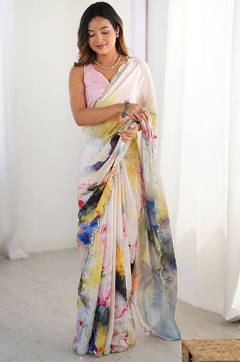 off white sky blue chinon silk blend print work with mirror work border designer saree
