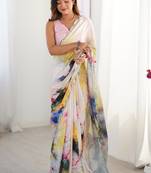 off white sky blue chinon silk blend print work with mirror work border designer saree