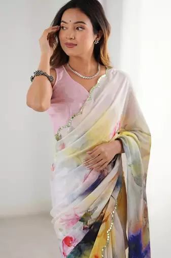 off white sky blue chinon silk blend print work with mirror work border designer saree