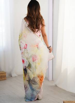 off white sky blue chinon silk blend print work with mirror work border designer saree 4