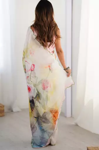 off white sky blue chinon silk blend print work with mirror work border designer saree