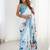 sky blue chinon silk blend print work with mirror work border designer saree
