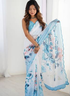 sky blue chinon silk blend print work with mirror work border designer saree 2