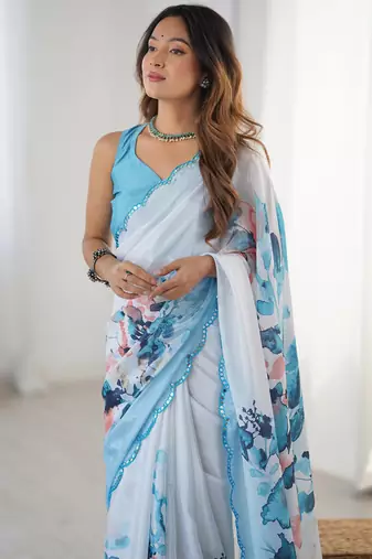 sky blue chinon silk blend print work with mirror work border designer saree