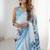 sky blue chinon silk blend print work with mirror work border designer saree