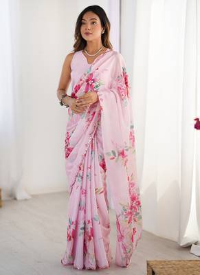 baby pink chinon silk blend print work with mirror work border designer saree 1