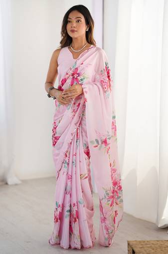 baby pink chinon silk blend print work with mirror work border designer saree