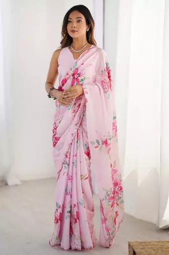 baby pink chinon silk blend print work with mirror work border designer saree