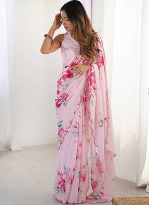 baby pink chinon silk blend print work with mirror work border designer saree 2