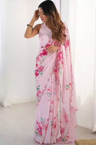 baby pink chinon silk blend print work with mirror work border designer saree
