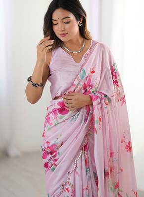 baby pink chinon silk blend print work with mirror work border designer saree 3