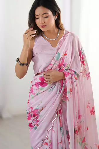 baby pink chinon silk blend print work with mirror work border designer saree