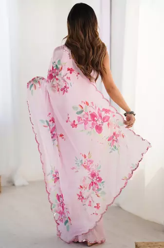 baby pink chinon silk blend print work with mirror work border designer saree
