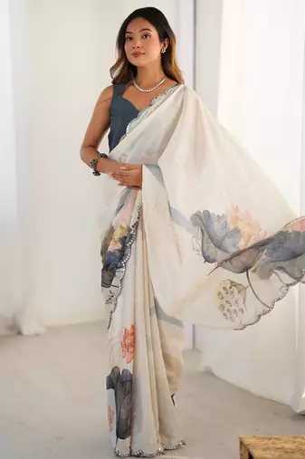 off white sky blue chinon silk blend print work with mirror work border designer saree