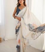 off white  chinon silk blend print work with mirror work border designer saree