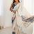 off white sky blue chinon silk blend print work with mirror work border designer saree