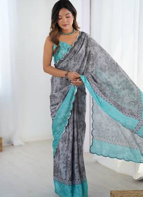 grey chinon silk blend print work with mirror work border designer saree 1