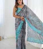 grey chinon silk blend print work with mirror work border designer saree