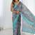 grey chinon silk blend print work with mirror work border designer saree