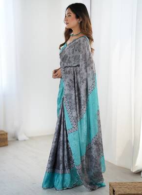 grey chinon silk blend print work with mirror work border designer saree 2