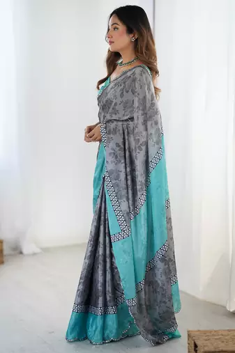 grey chinon silk blend print work with mirror work border designer saree