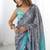 grey chinon silk blend print work with mirror work border designer saree