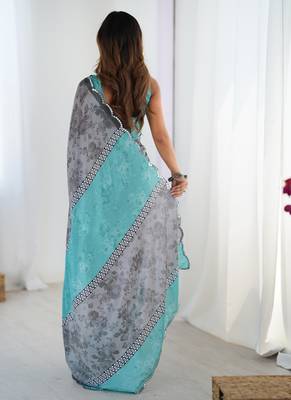 grey chinon silk blend print work with mirror work border designer saree 4