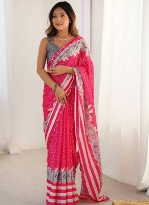 pink chinon silk blend print work with mirror work border designer saree 1